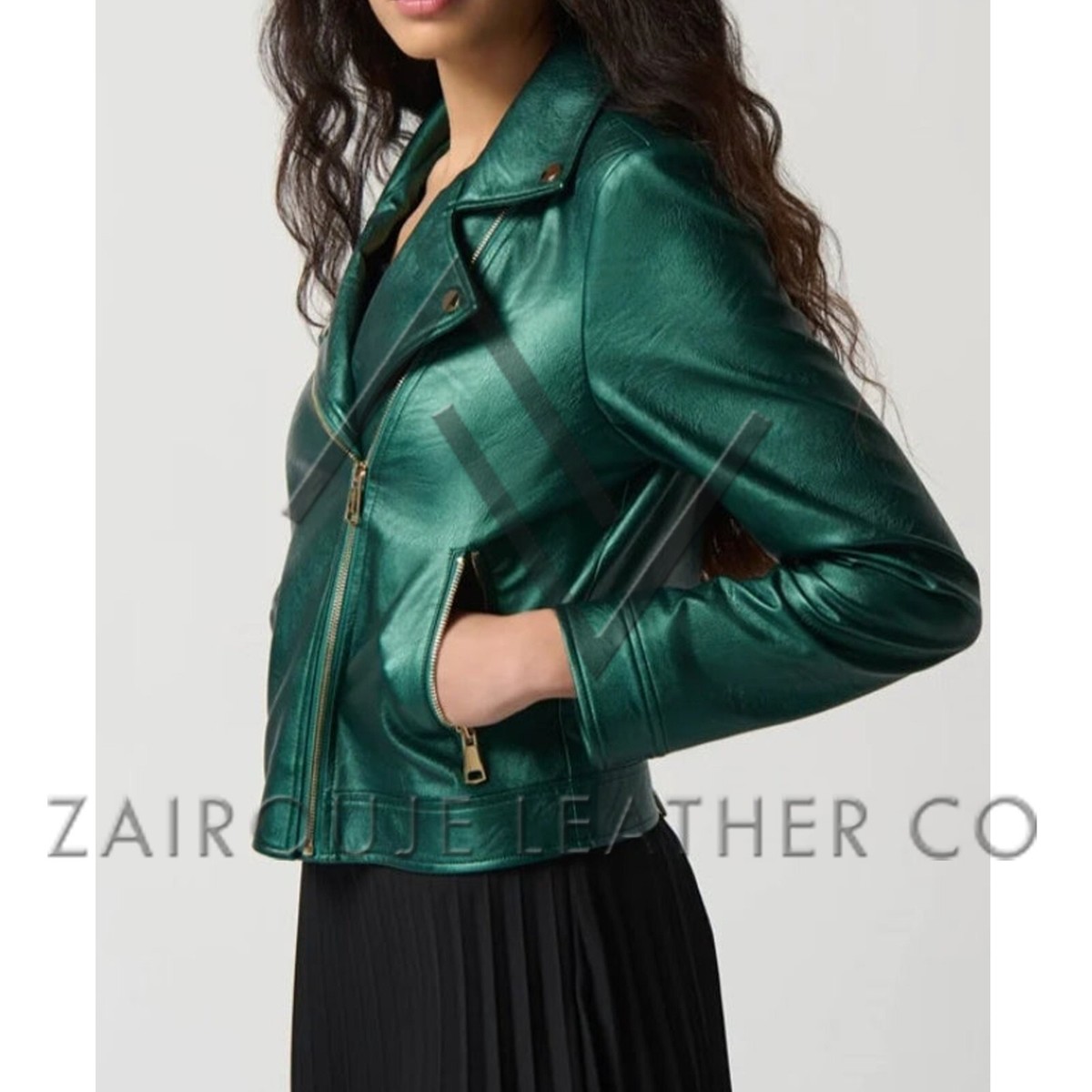 Women's Green Metallic Leather Jacket - Moto Style, Gold Zipper