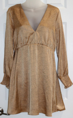 Francesca Mi Ami V-Neck Short Dress Copper - Black Dots Long Sleeve Lined Size M