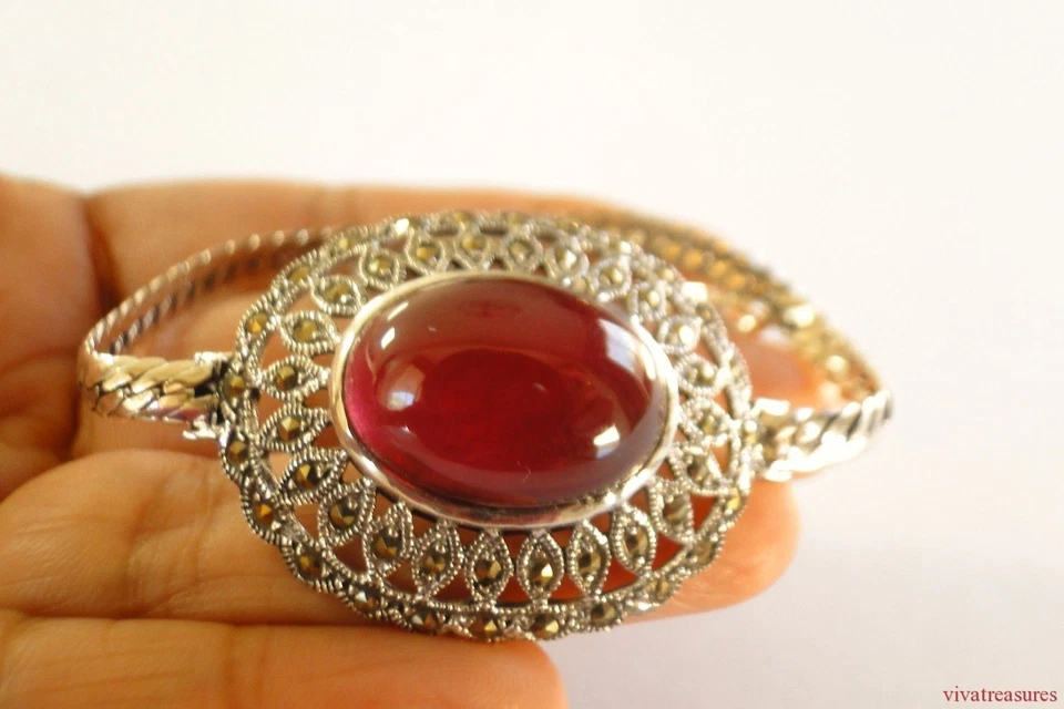 Red Ruby Solitaire Marcasite Ornate 925 Sterling Silver Bracelet - Image 3 of 4
