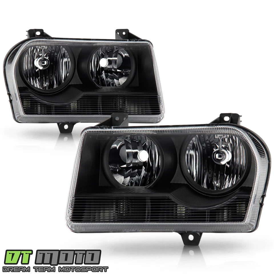 Black 2005-2010 Chrysler 300 Headlights Headlamps Left+Right Replacement 05-10 - Image 2 of 4