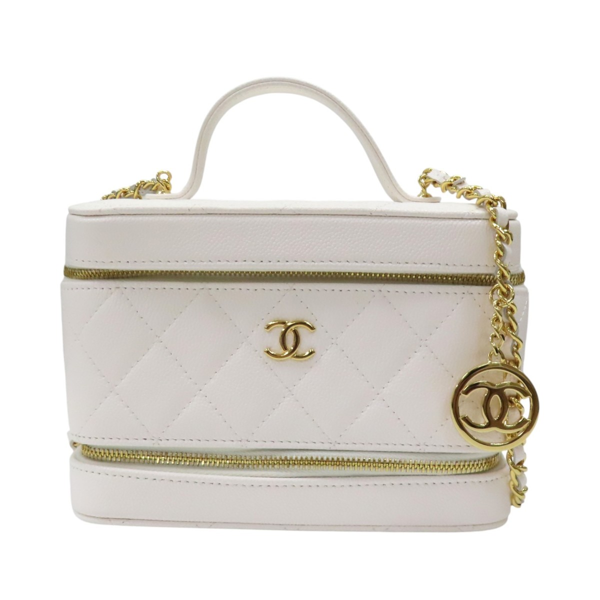 CHANEL Top Handle Vanity Case Shoulder Bag White Quilted Calfskin