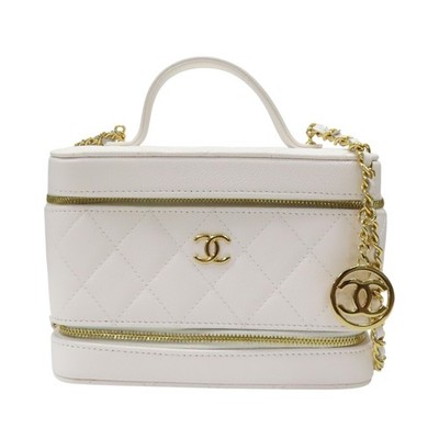 CHANEL Top Handle Vanity Case Shoulder Bag White Quilted Calfskin