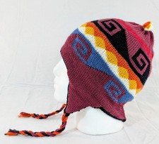 Colorful Soft Alpaca Chullo Reversible Beanie Red Black Pom Pom Earflap