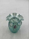 Fenton Light Blue Iridescent Art Glass Ruffled Hand Painted Daffodils Vase