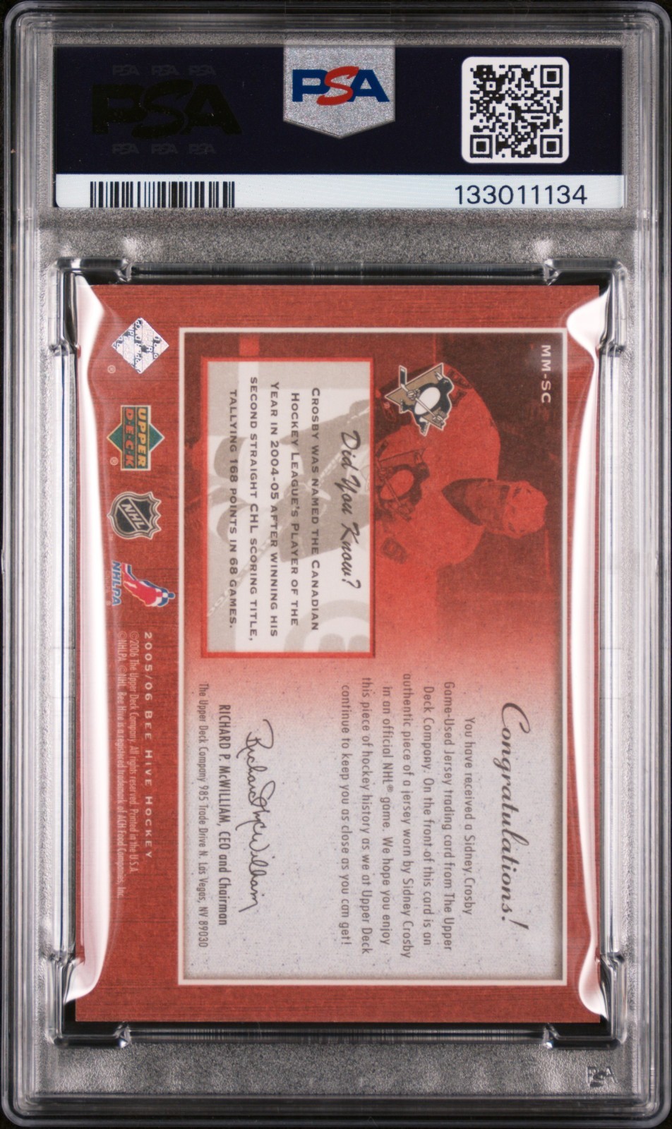 2005 Upper Deck Bee Hive Sidney Crosby Matted Materials Swatch Rookie PSA 6 view 2