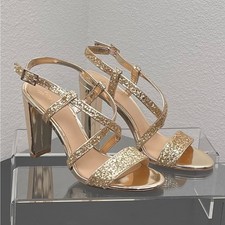 Badgley Mischka Jewel Women Gold Glitter Strappy Block Heel Sandals Size 8 NWOB