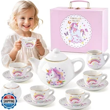 TUZT Porcelain Tea Party Set for Little Girls Kids Toddlers, 13Pcs Unicorn Te