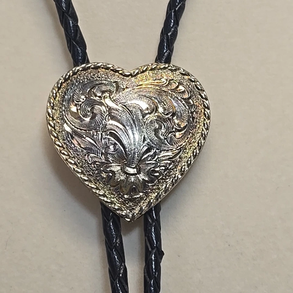 Vintage 925 & Leather Western Heart Bolo Necklace Lariat Bolero *tested* - Image 3 of 4