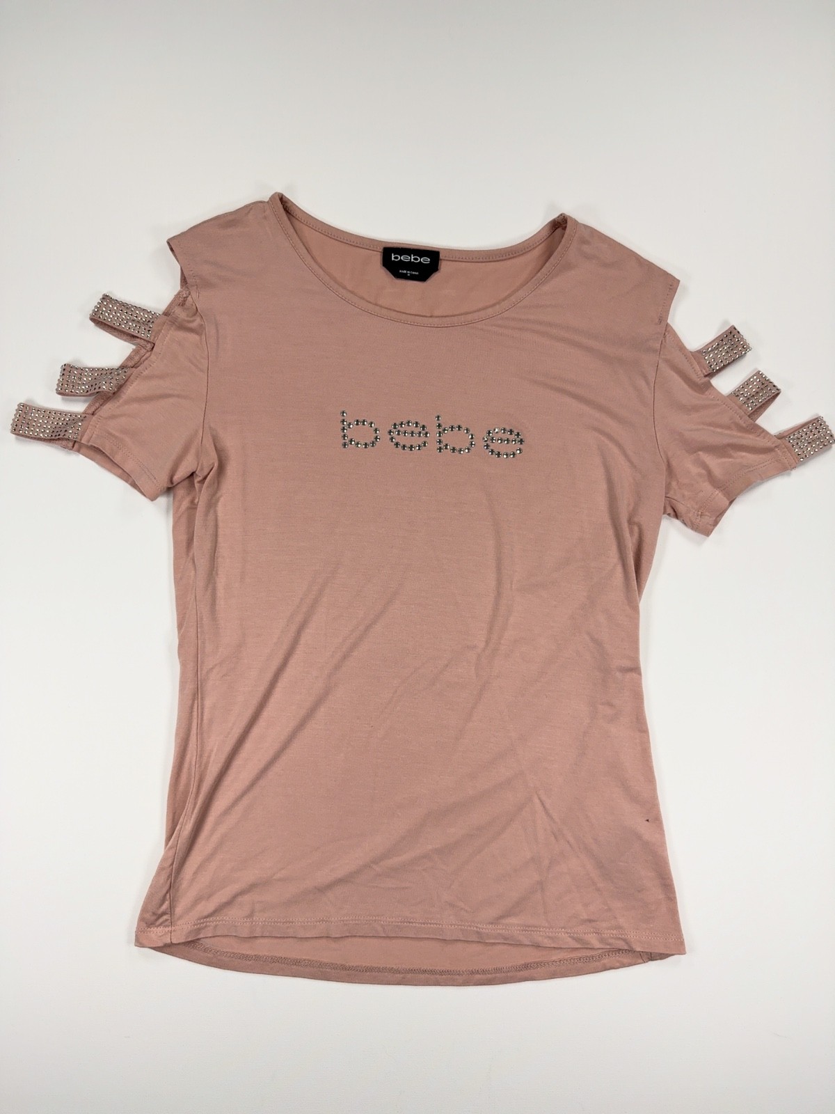 Bebe Women's Cold Shoulder Top Size M Pink Rhinestone Logo Cutout Sleeves
