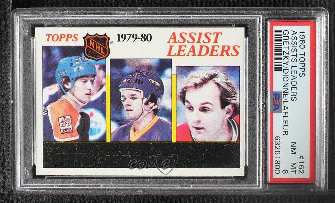 1980 Topps League Leaders Wayne Gretzky Marcel Dionne Guy Lafleur PSA 8 HOF 7ez