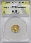 1854 G$1 ANACS AU 50 Details (Type 2) Indian Princess Head Gold Dollar