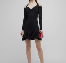 Alexander McQueen Women's Black Ruffle Cold-Shoulder Rib Mini Dress Size M
