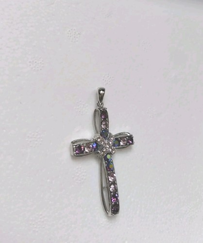 6cm Pendant Silver Colour Cross Jesus Christ - Amythest Colour Stones - Picture 6 of 9