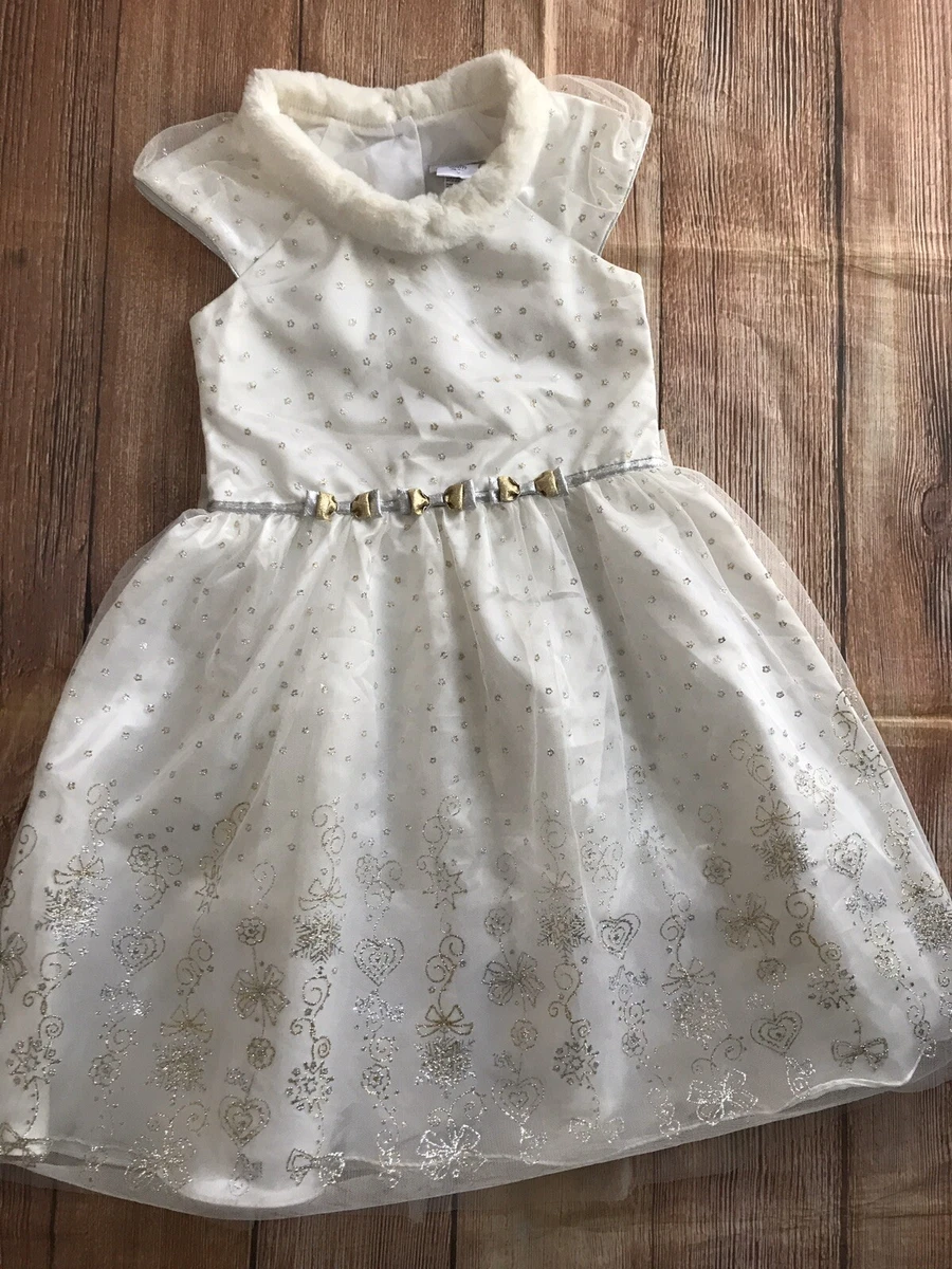 Jona Michelle Ivory White Christmas Dress Sz 12 With Fur Holiday Dressy EUC