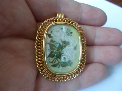 Ancienne Broche Ou Pendentif En Argent Massif Et Nacre Peinte - Vintage