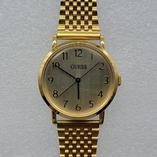 VTG GUESS Women Watch 33mm Round Gold Dial Stainless Steel Band , Runs