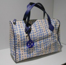 L. K. Bennett white blue pattern top handle coated canvas bowling bag VGC