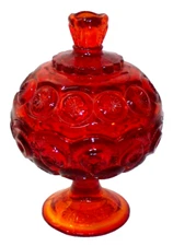 LE Smith Moon & Star Amberina 7" Covered Candy Bowl Dish Cadmium Glow