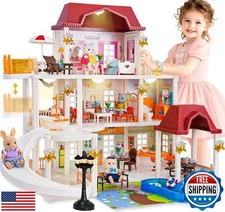 TUZT Big Doll House for Girls 3 4 6-12 Year Old Toddler Toys with 4 Doll Toy 