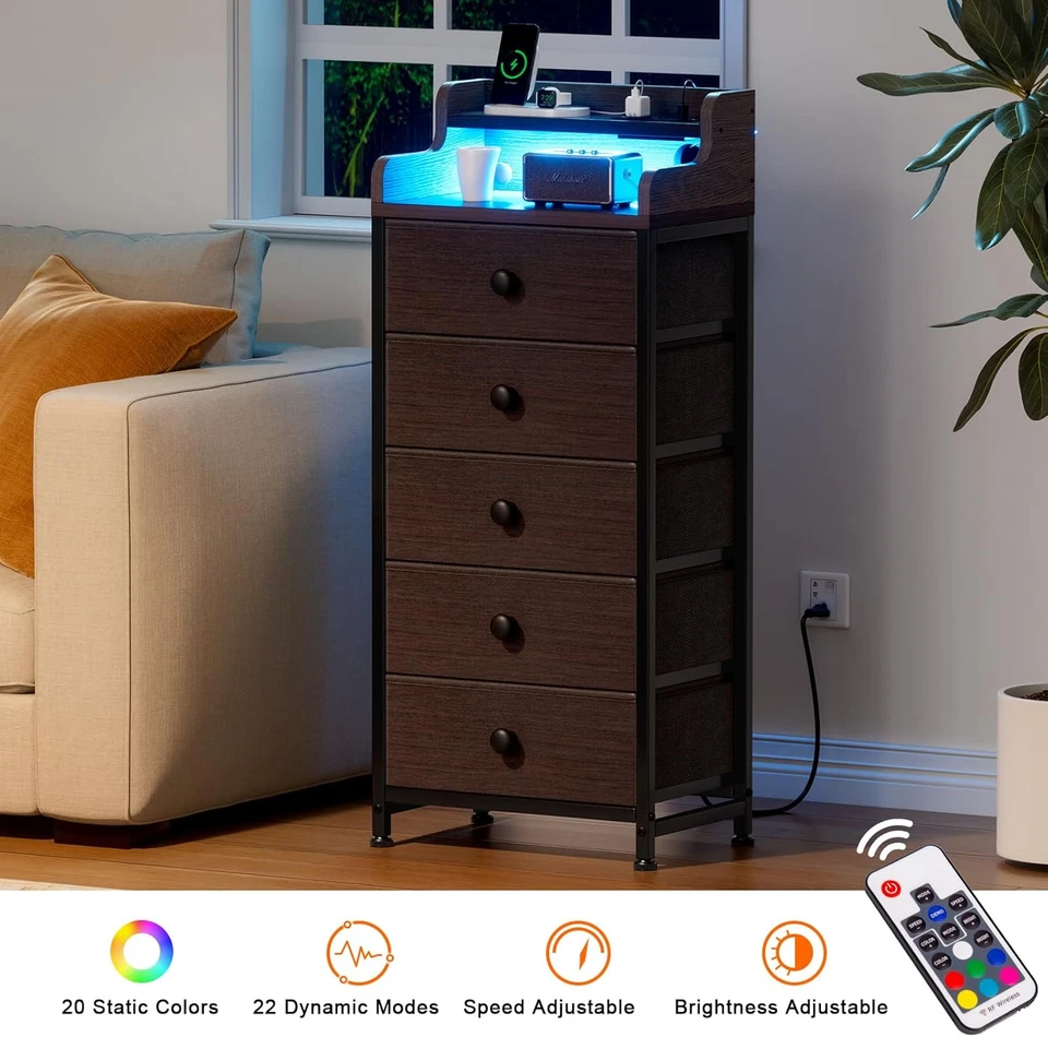Cómoda de 5 cajones para dormitorio con estación de carga y luces LED, cómoda marrón o Foto 4 de 4