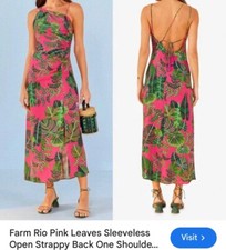 Farm Rio Pink Leaves Sleeveless Open Strappy Back One Shoulder Midi Dress 2
