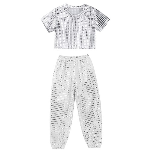 Girls Sequins Dance Crop Top Pants Set Hip Hop Jazz Disco Performance Costume - Picture 26 of 63