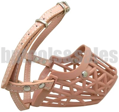 Basket Dog Muzzle Adjustable Leather Strap Pet Dog Grooming No Bark Bite Beige