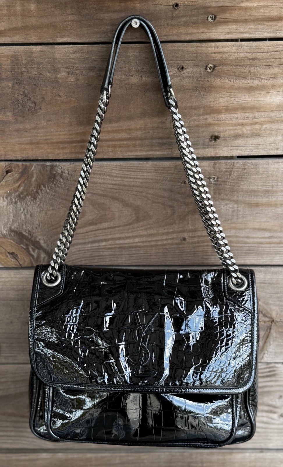 Saint Laurent Paris Niki Patent leather x croco embossing Chain Shoulder Bag