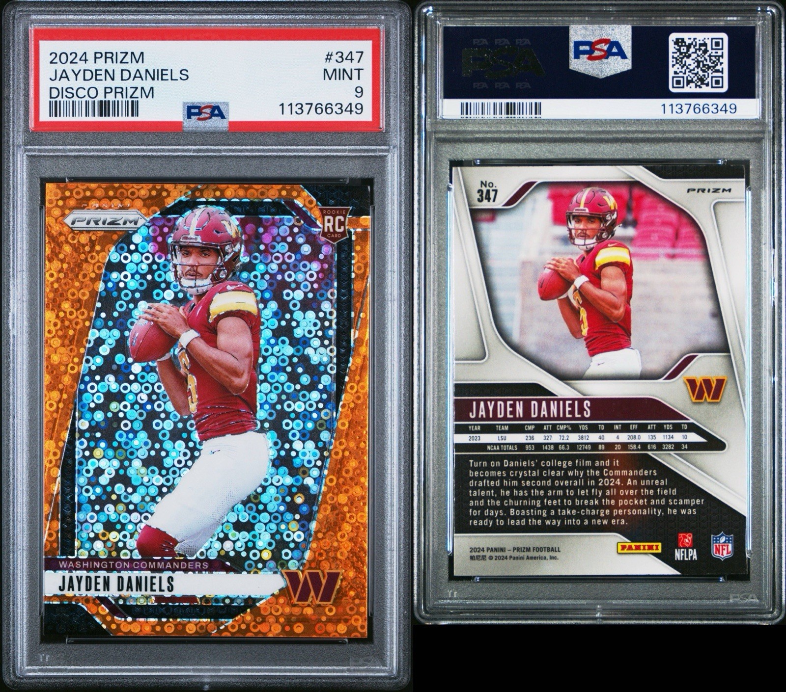 2024 PANINI PRIZM JAYDEN DANIELS #347 ORANGE DISCO PRIZM ROOKIE PSA 9 view 3