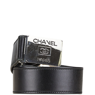 CHANEL Vintage Coco Mark Plate Buckle Belt 65/26 Black Silver