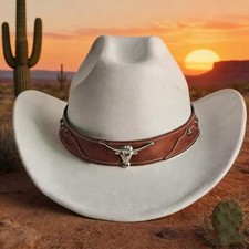 Western Cowboy Hat Wide Brim Suede Bull Head Band Men Women Sombrero Costume