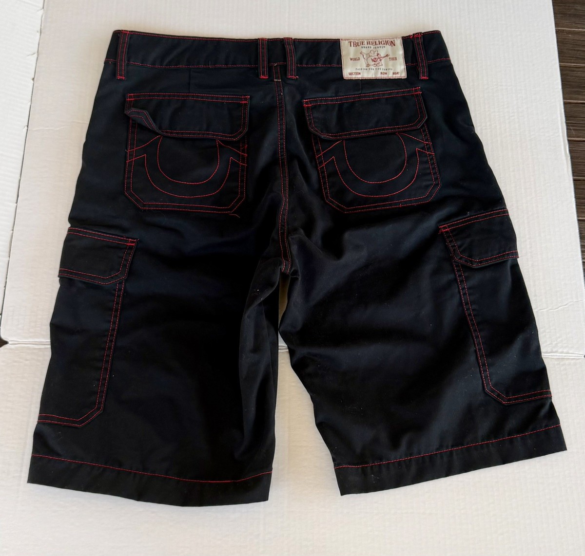 Size 32 Black Cargo Shorts with Red Contrast Stitching by True
