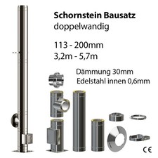 Edelstahlschornstein Bausatz doppelwandig 0,6mm DW DN 113-200mm Kamin aussen Pro