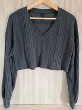 Shein Gray Fuzzy Crop Sweater Size XS Soft Knit Long Sleeve Cozy Pullover Top