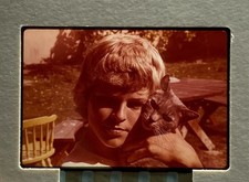 Boy Hugging Tabby Cat Kitten Vintage 35mm Film Slide 70s 80s