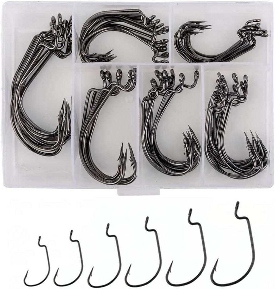 60Pcs Offset Worm Hook High Carbon Steel Wide Gap Bait Jig Fish Hooks with Plast