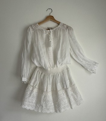 Joie White Embroidered Long Sleeve Mini Dress XS | 100% Ramie Cotton Lined 