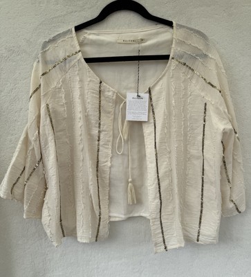 Ellison L Oatmeal Cropped Gypsy Gold Sequin Embellished  Linen Open Front Jacket