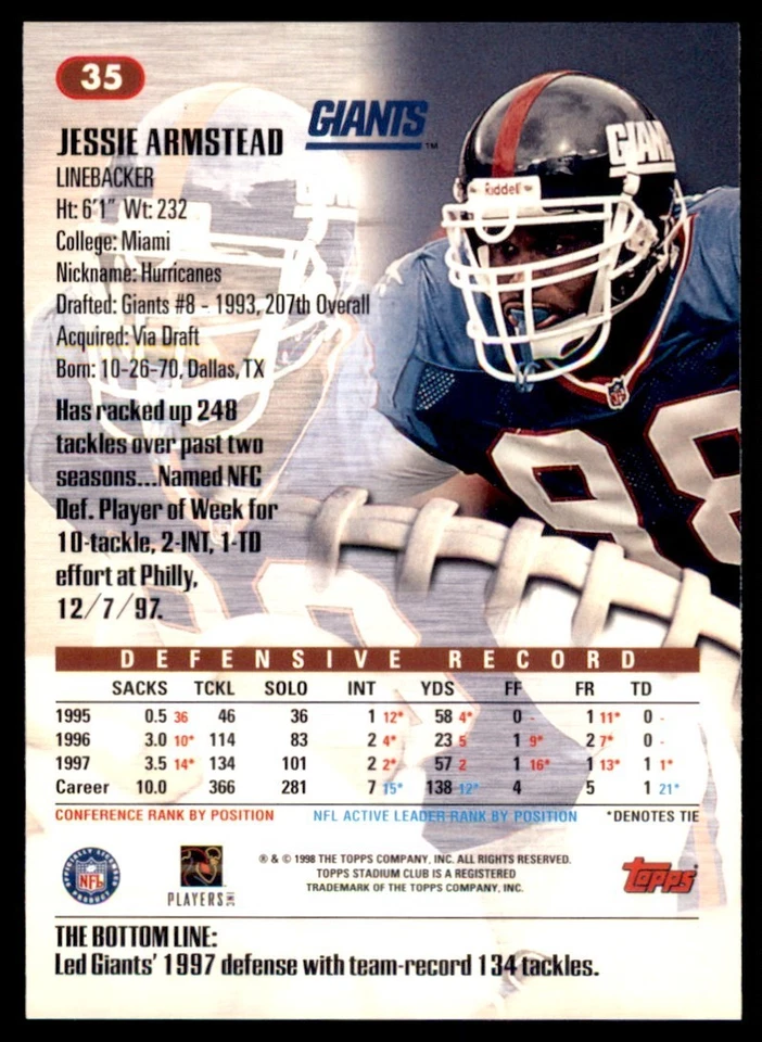 1998 Stadium Club # 35 Jessie Armstead Giants - Image 2 of 2