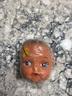 Vintage 3  Plastic Baby Doll Parts Face And Hands With Bottle Brunette Blue Eyes
