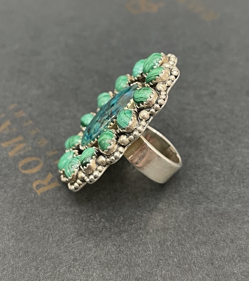 Malachite Cluster Ring Sterling Silver Center Sto… - image 3