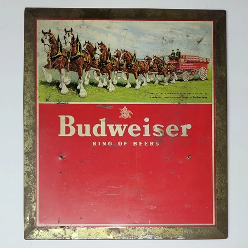 Vintage 1950s Budweiser Tin Litho Clydesdales Sign Jems Metal Stamping STL 15X17