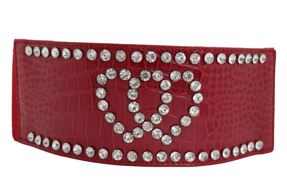 Mujeres Rojo Elástico Ancho Imitación Cuero Moda Cinturón Cintura Cadera Plateado Corazón Amor S M Foto 3 de 4