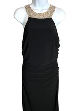 Vintage Cachet Black  Gold Ruched Halter Maxi Dress Evening Gown Size 8