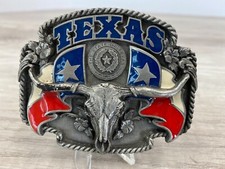 Vintage Texas steer bull cattle USA Texan Western Cowboy Pewter Belt Buckle flag