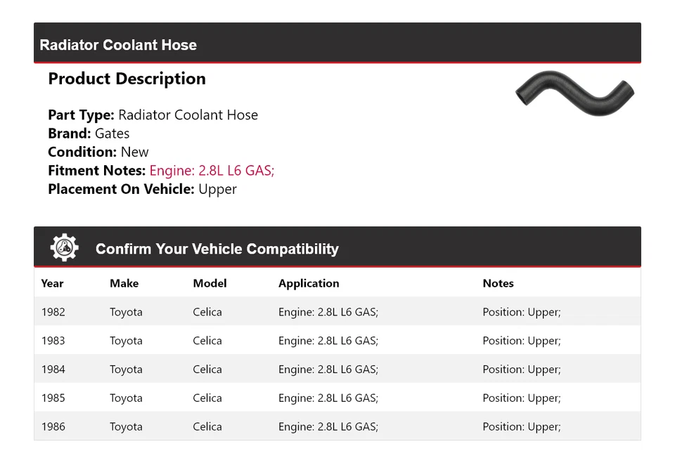 适用于 1982 - 1986 年丰田 Celica 2.8L L6 气体散热器冷却剂软管上门 1983 — 第 2/4 张图片