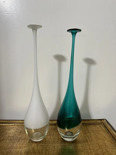 2 Veneto Murano Blown Art Glass Vases Long Thin Neck