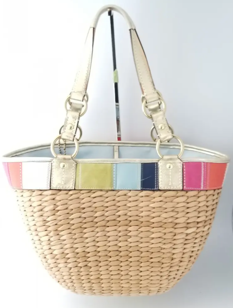 Coach 10749 Large Lily Straw Tote With Gold Lame Leather Trim