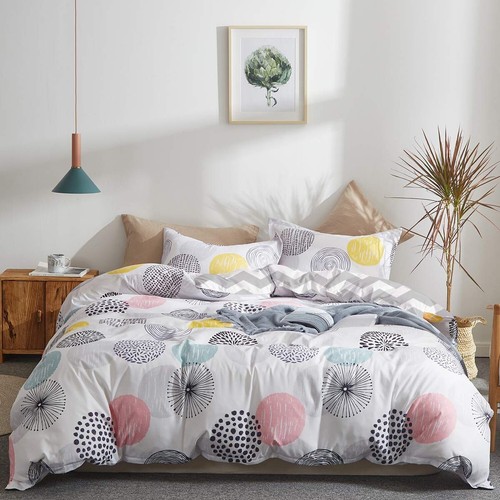 Colorful Dots Comforter Set Queen Size Pink Yellow Gray Blue Circles