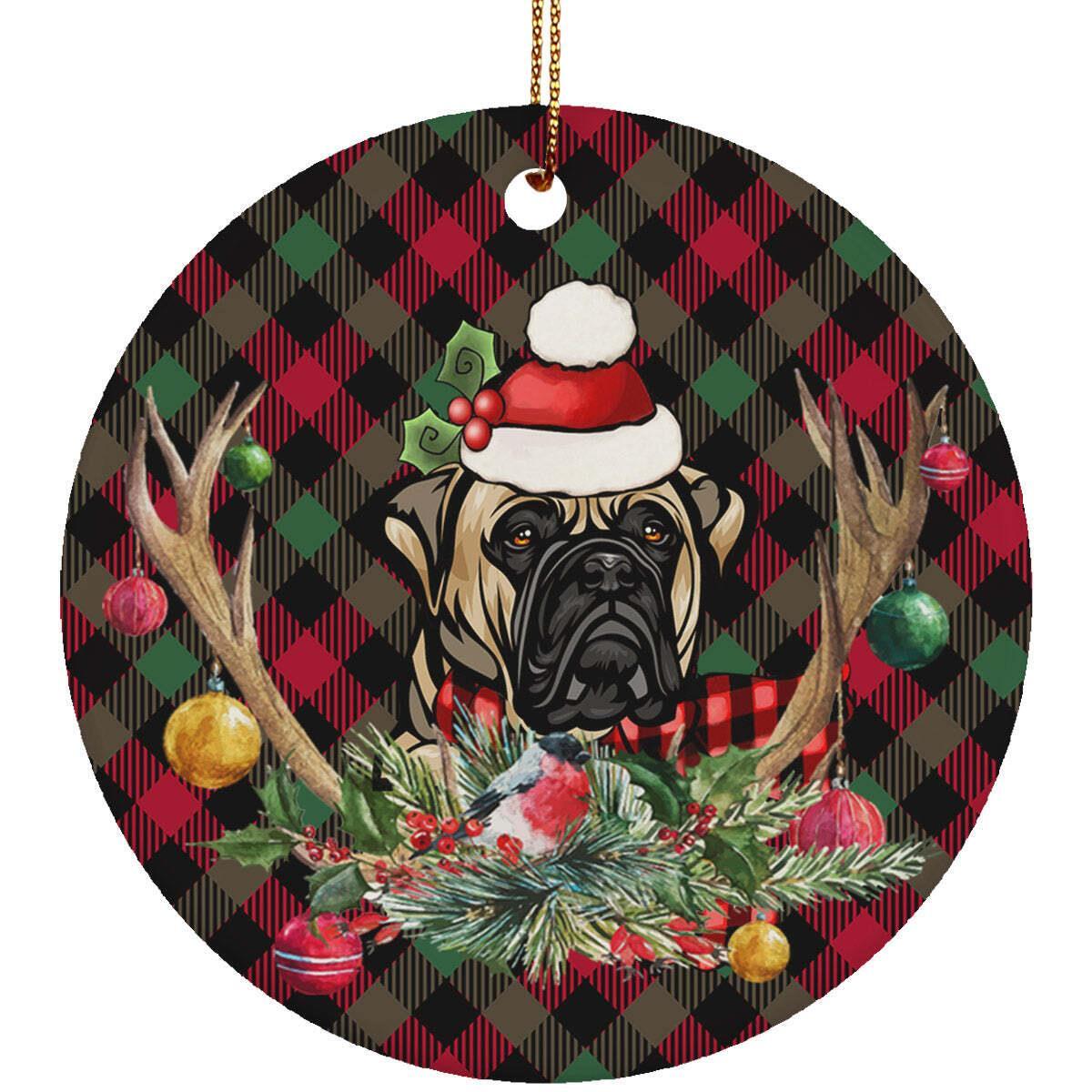 Funny Bullmastiff Dog With Deer Anlters Plaid Pattern Ornament Gift Tree Decor